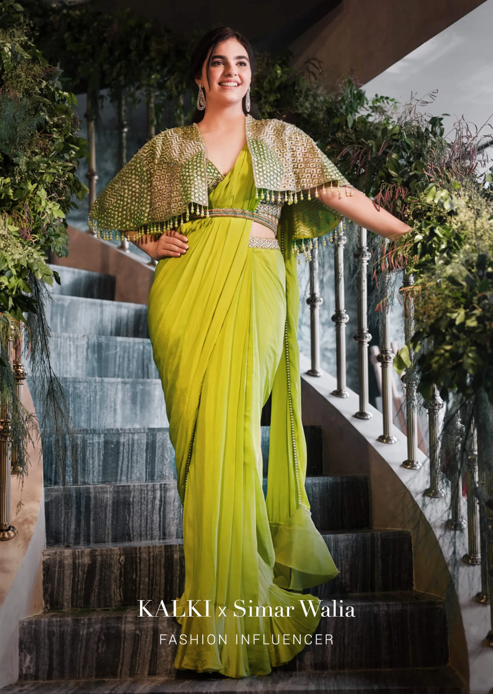 Citrus Green Pre Stitched Crepe Saree with Net Cape and V-Neck Crop Top