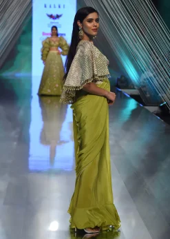 Citrus Green Pre Stitched Crepe Saree with Net Cape and V-Neck Crop Top
