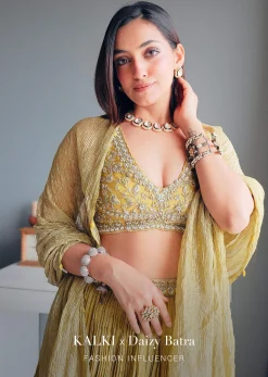 Citrus Green Ruched Lehenga With Blouse And Crush Dupatta