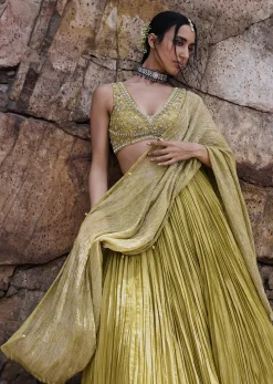 Citrus Green Ruched Lehenga With Blouse And Crush Dupatta