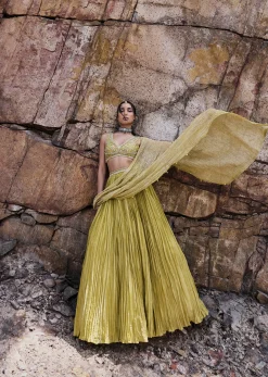 Citrus Green Ruched Lehenga With Blouse And Crush Dupatta