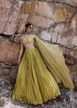 Citrus Green Ruched Lehenga With Blouse And Crush Dupatta
