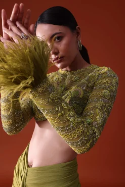 Citrus Green Satin Net Draped Trail Skirt With Feather Embellished Bustier