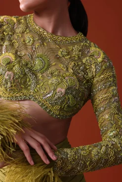 Citrus Green Satin Net Draped Trail Skirt With Feather Embellished Bustier
