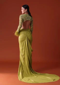 Citrus Green Satin Net Draped Trail Skirt With Feather Embellished Bustier