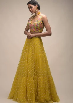Citrus Lehenga And Crop Top With Resham Embroidered Spring Blossoms