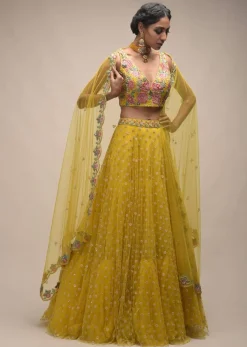 Citrus Lehenga And Crop Top With Resham Embroidered Spring Blossoms