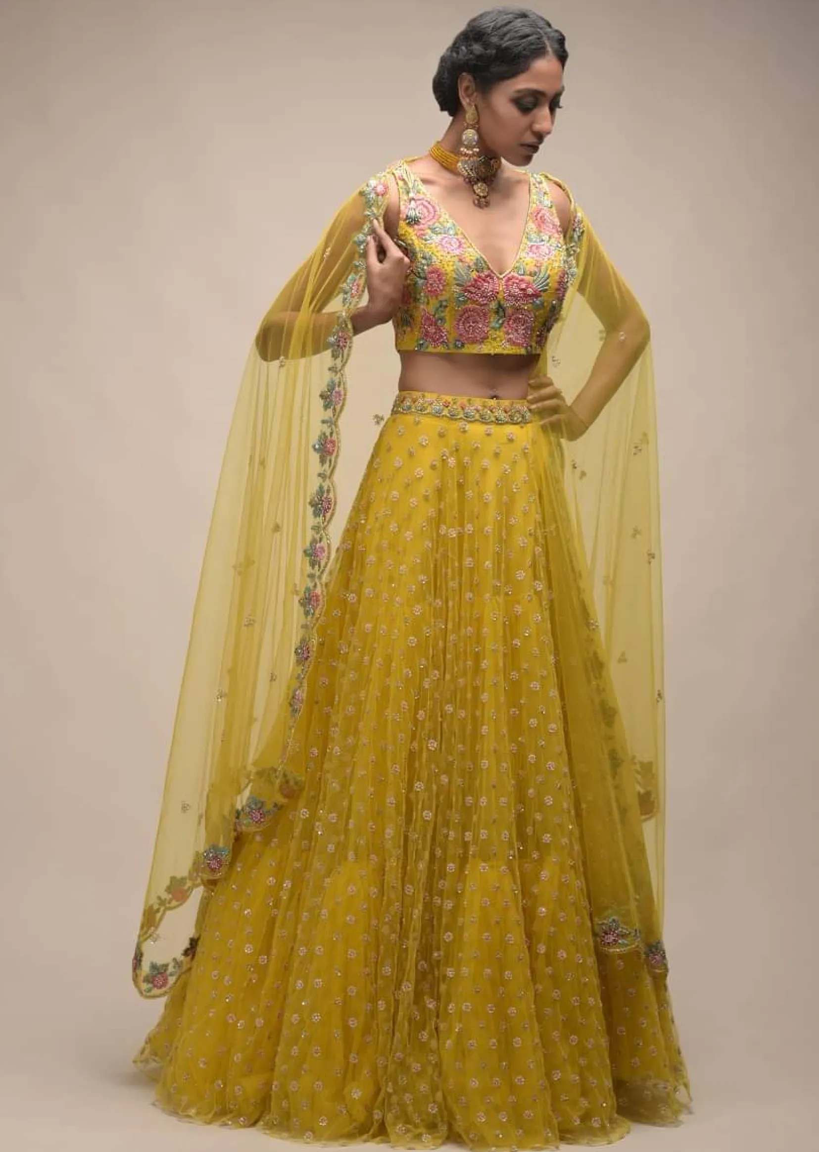 Citrus Lehenga And Crop Top With Resham Embroidered Spring Blossoms