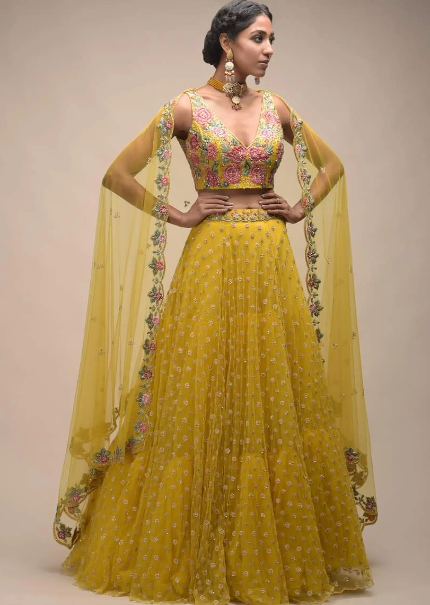 Citrus Lehenga And Crop Top With Resham Embroidered Spring Blossoms