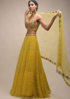 Citrus Lehenga And Crop Top With Resham Embroidered Spring Blossoms