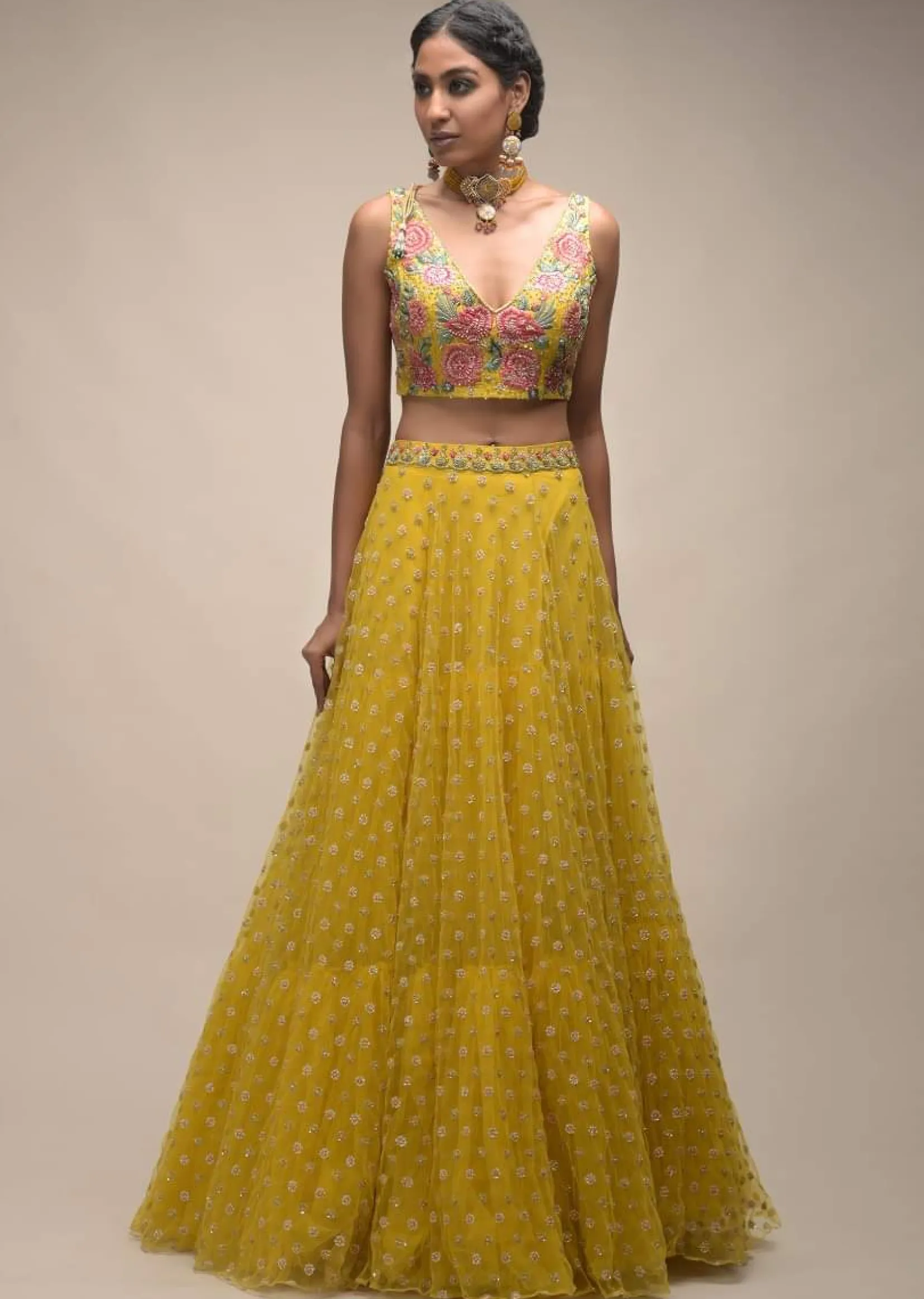 Citrus Lehenga And Crop Top With Resham Embroidered Spring Blossoms