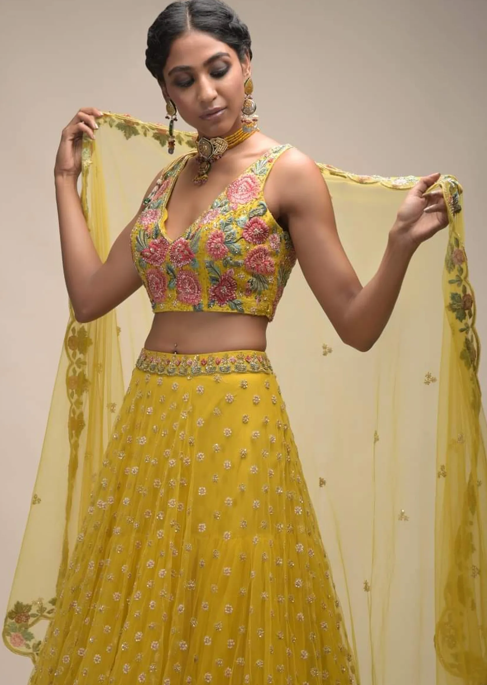 Citrus Lehenga And Crop Top With Resham Embroidered Spring Blossoms