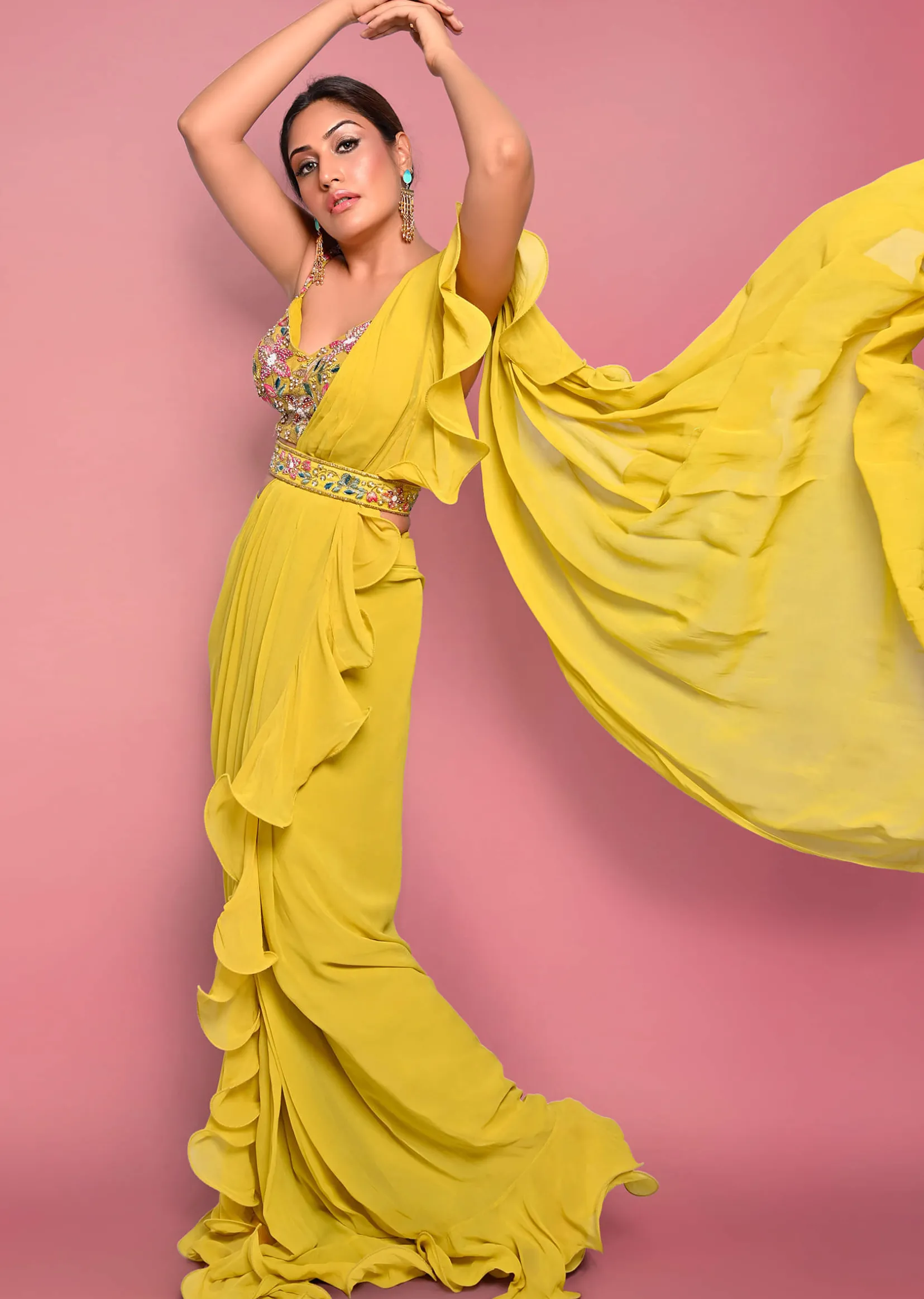 Citrus Ready To Wear Ruffle Saree With Multi-Color Floral Hand Embroidered Blouse