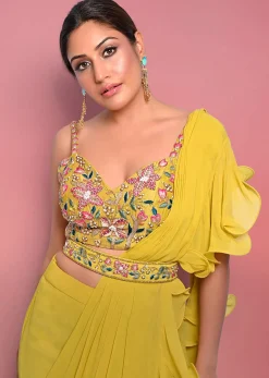 Citrus Ready To Wear Ruffle Saree With Multi-Color Floral Hand Embroidered Blouse