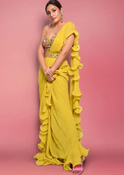 Citrus Ready To Wear Ruffle Saree With Multi-Color Floral Hand Embroidered Blouse