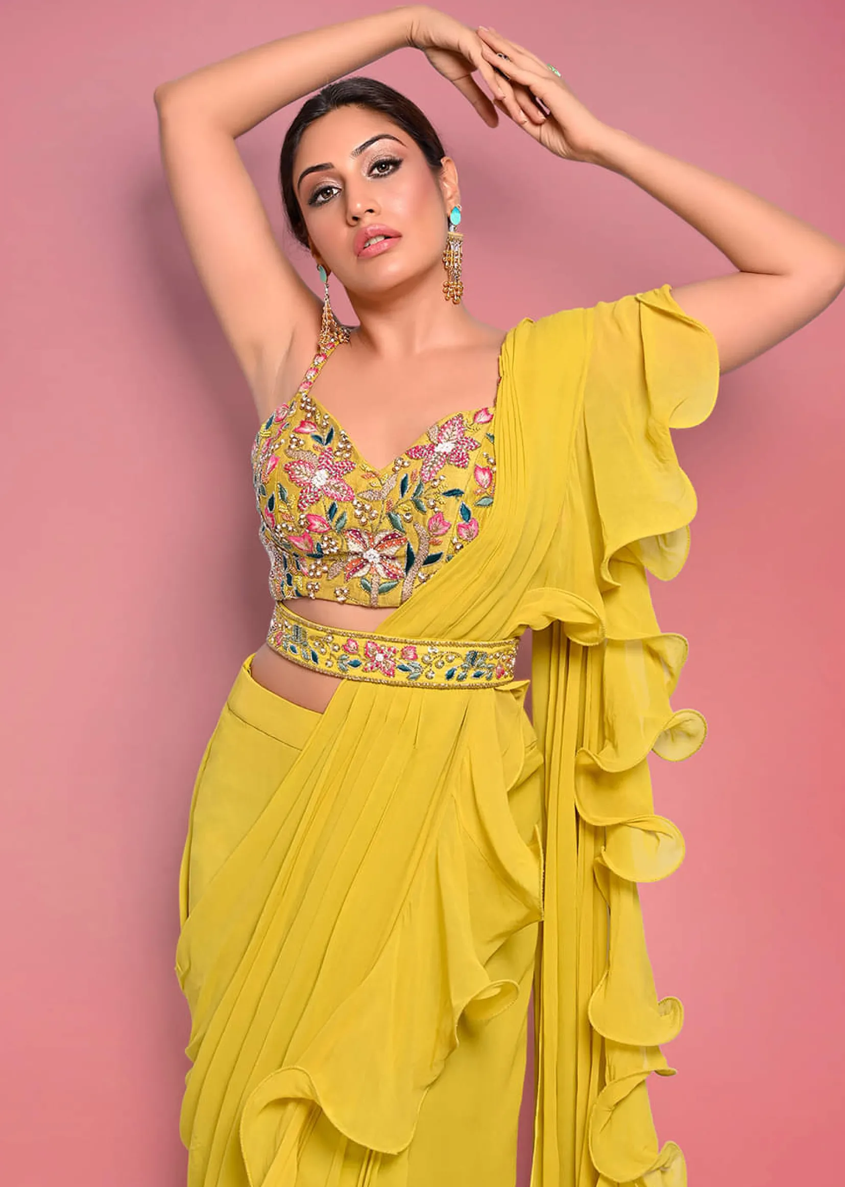 Citrus Ready To Wear Ruffle Saree With Multi-Color Floral Hand Embroidered Blouse