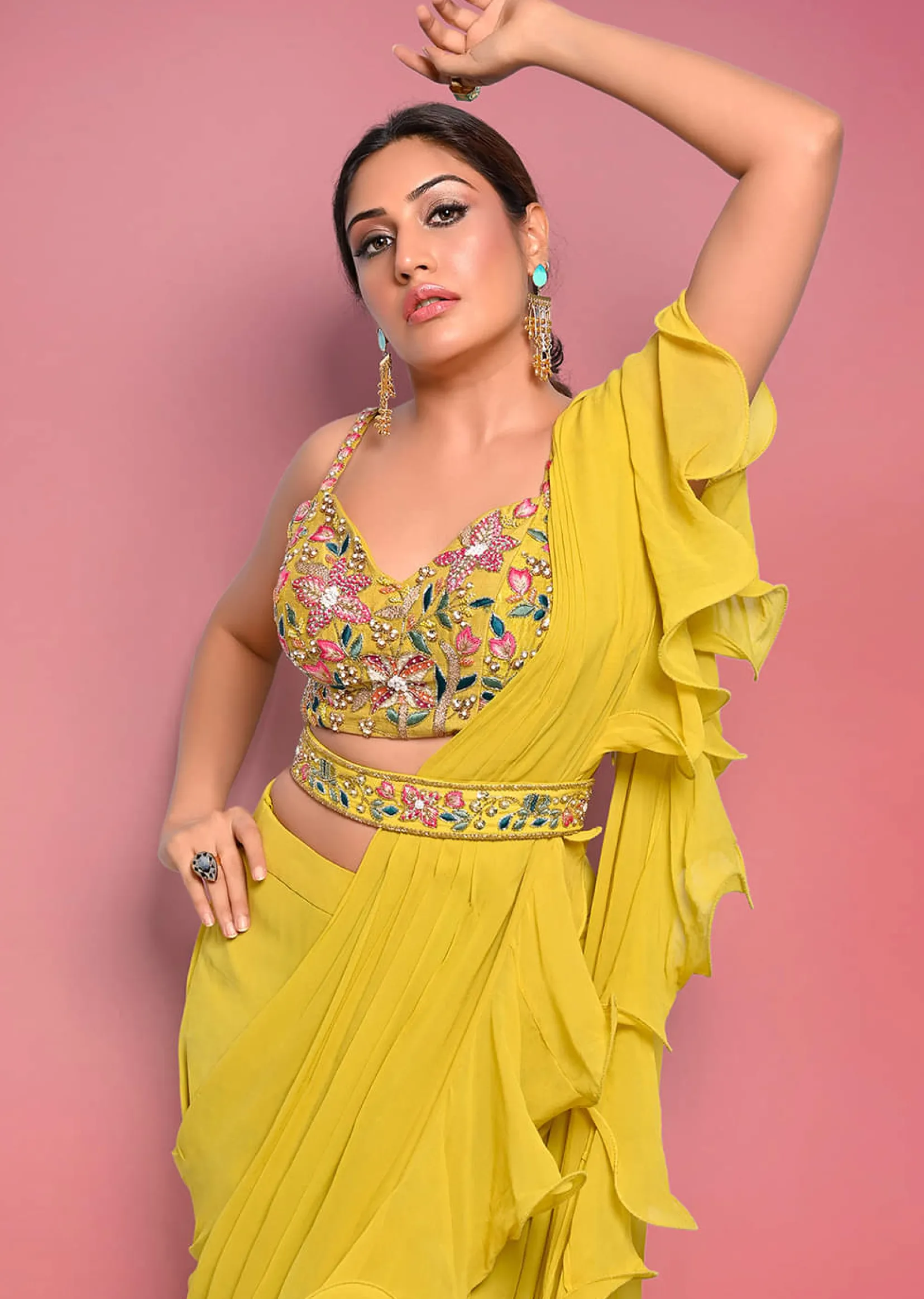 Citrus Ready To Wear Ruffle Saree With Multi-Color Floral Hand Embroidered Blouse