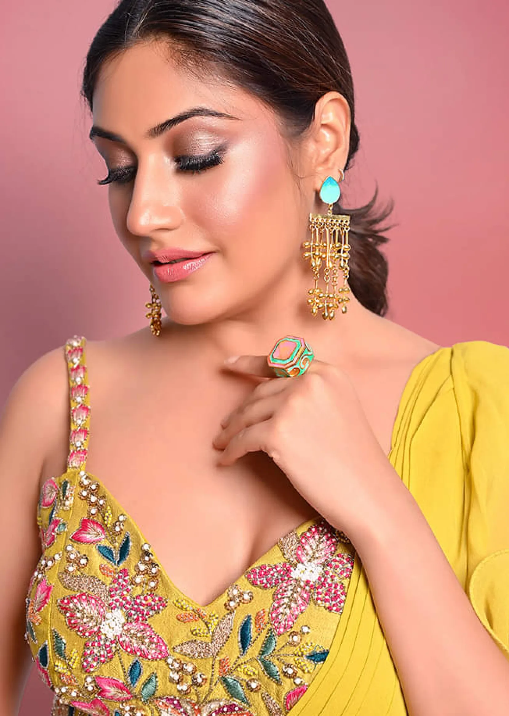 Citrus Ready To Wear Ruffle Saree With Multi-Color Floral Hand Embroidered Blouse