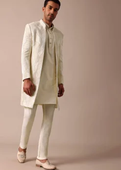 Classic Beige Banarasi Silk Sherwani Set
