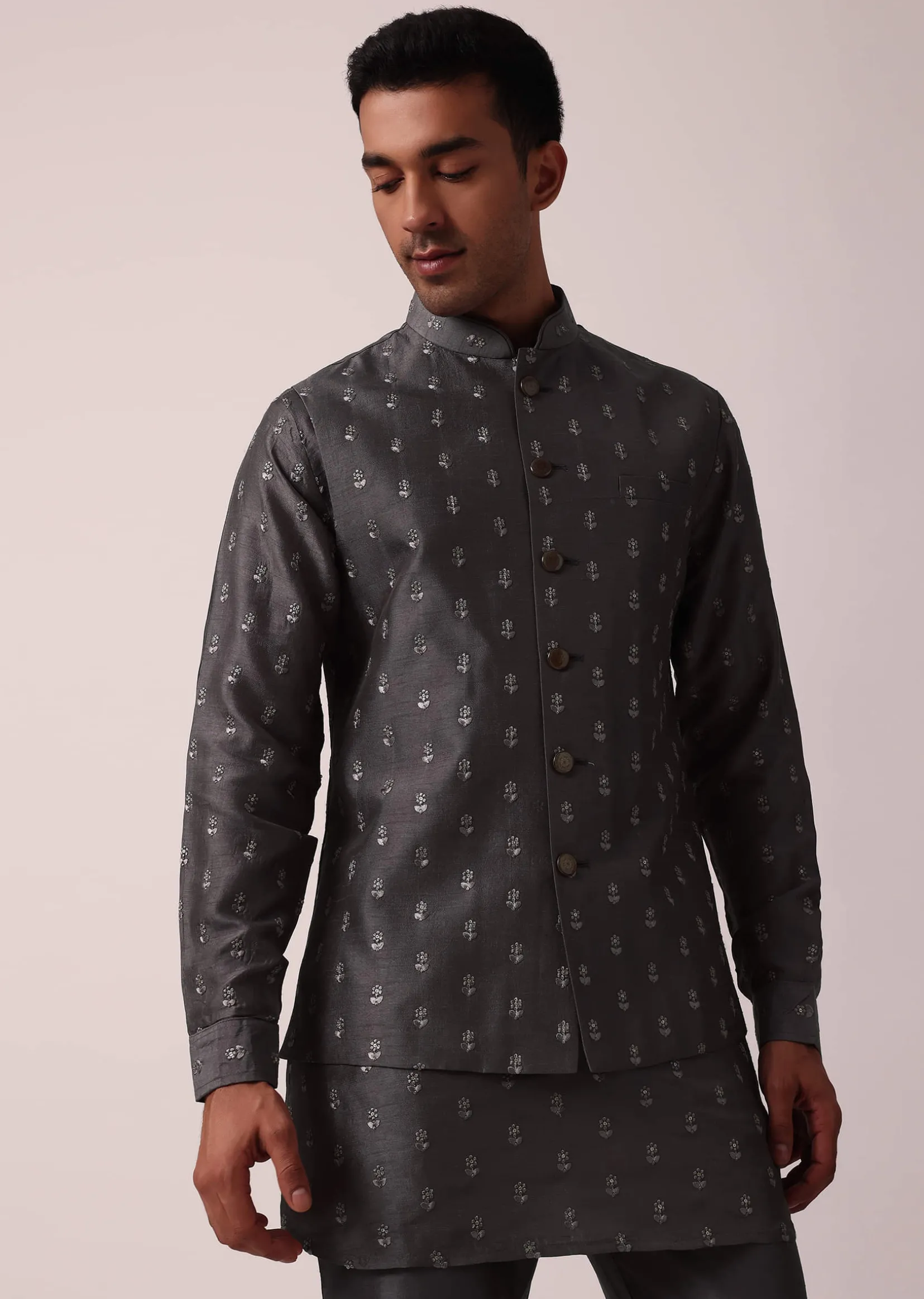 Classic Grey Silk Embroidered Jacket Kurta Set