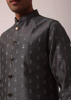 Classic Grey Silk Embroidered Jacket Kurta Set