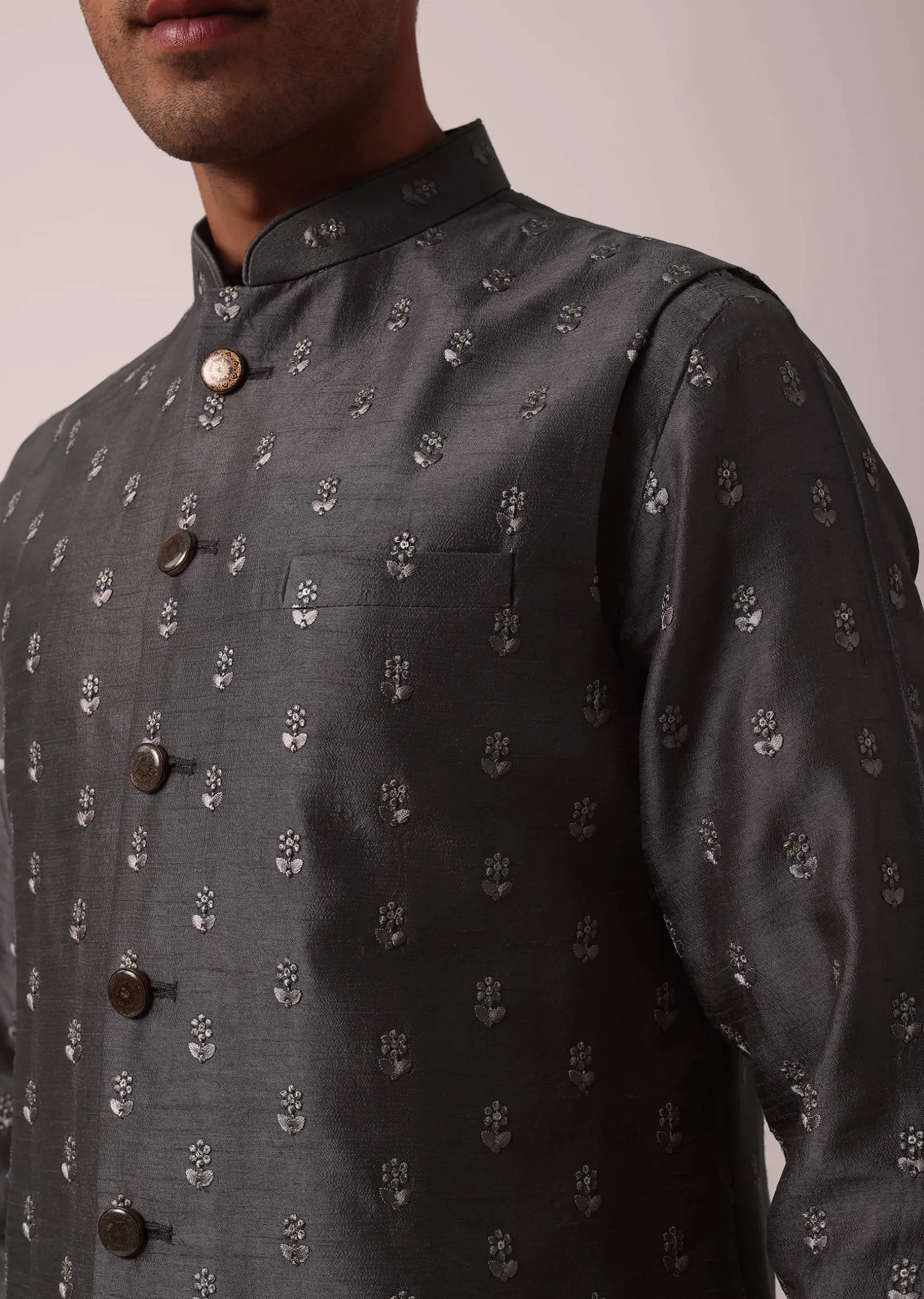 Classic Grey Silk Embroidered Jacket Kurta Set