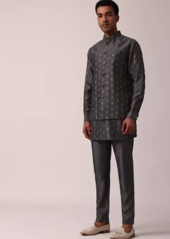 Classic Grey Silk Embroidered Jacket Kurta Set