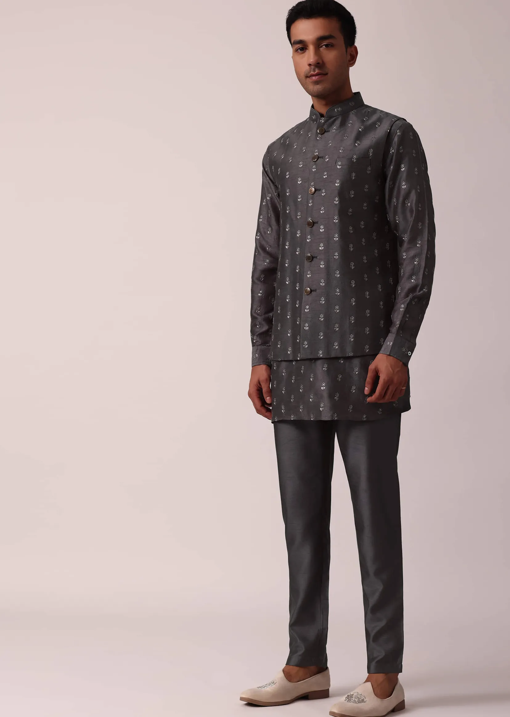 Classic Grey Silk Embroidered Jacket Kurta Set
