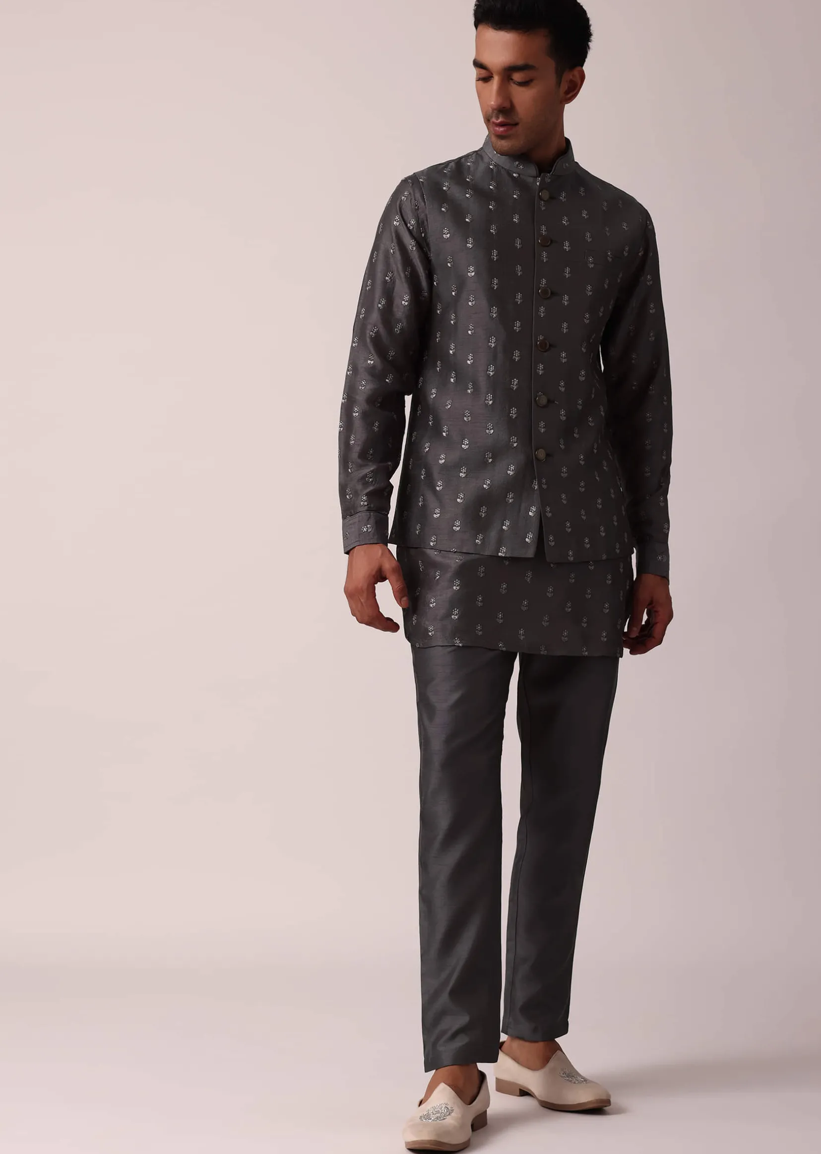 Classic Grey Silk Embroidered Jacket Kurta Set