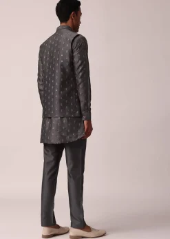 Classic Grey Silk Embroidered Jacket Kurta Set