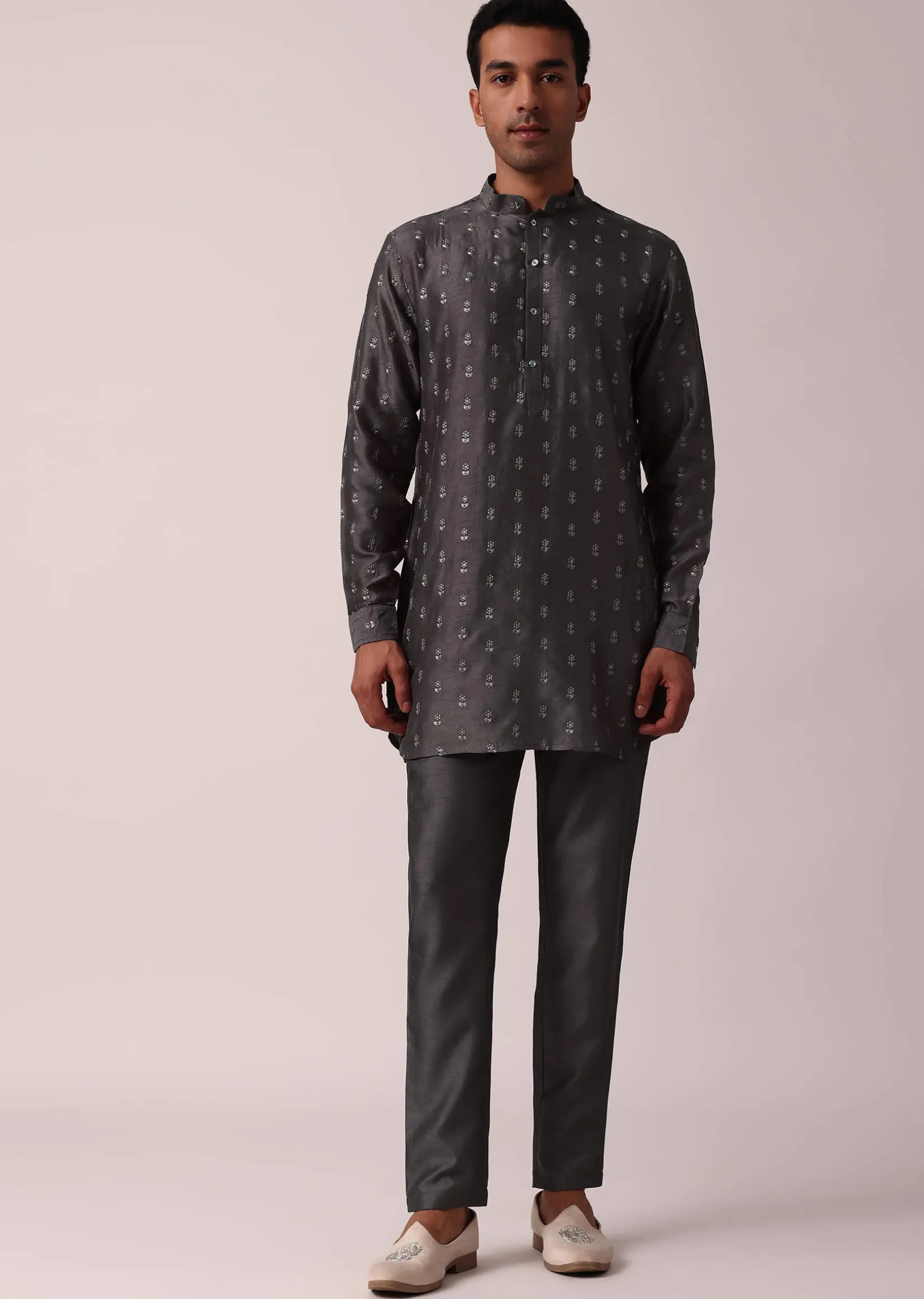 Classic Grey Silk Embroidered Jacket Kurta Set