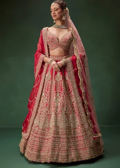 Classic Red Bridal Lehenga With All Over Zari And Dori Embroidery