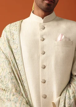 Classic White Neckline Embroidered Sherwani With Pashmina Dupatta