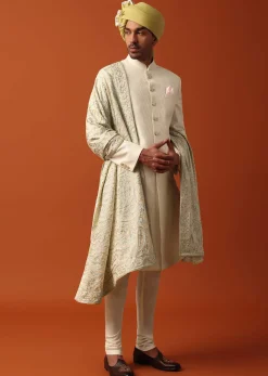 Classic White Neckline Embroidered Sherwani With Pashmina Dupatta