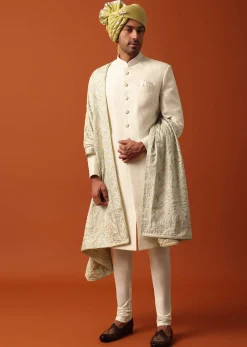 Classic White Neckline Embroidered Sherwani With Pashmina Dupatta