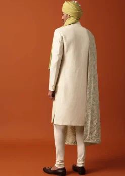 Classic White Neckline Embroidered Sherwani With Pashmina Dupatta