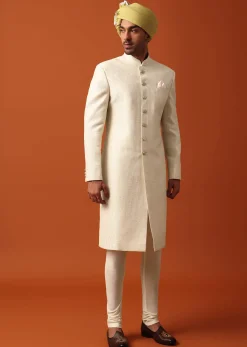 Classic White Neckline Embroidered Sherwani With Pashmina Dupatta