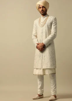 Classic White Raw Silk Sherwani