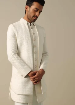 Classic White Textured Indowestern Set