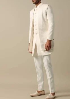 Classic White Textured Indowestern Set