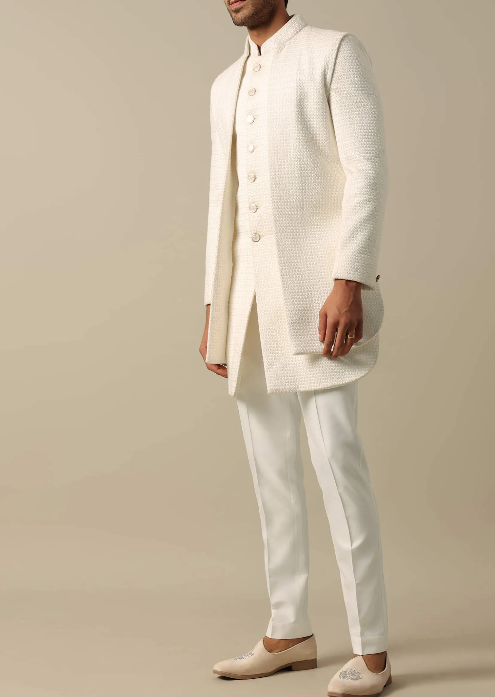 Classic White Textured Indowestern Set