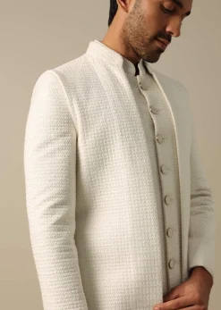 Classic White Textured Indowestern Set