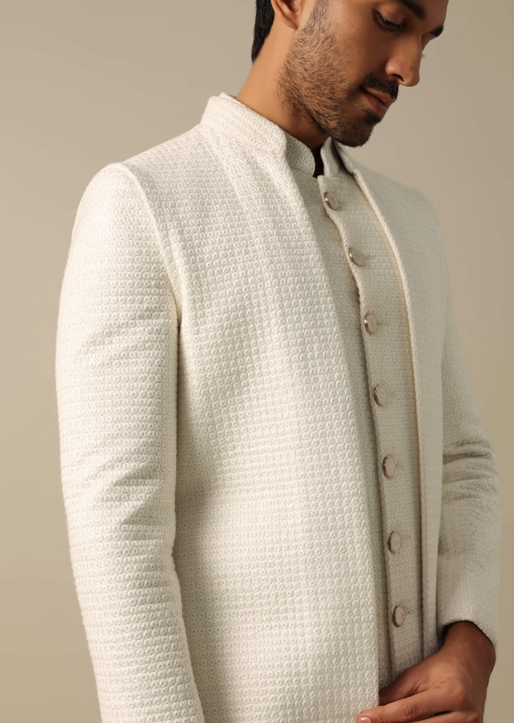 Classic White Textured Indowestern Set