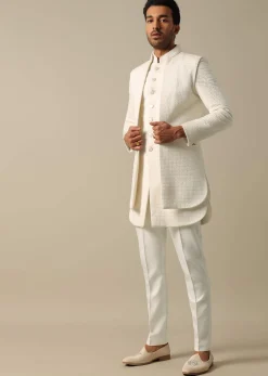 Classic White Textured Indowestern Set