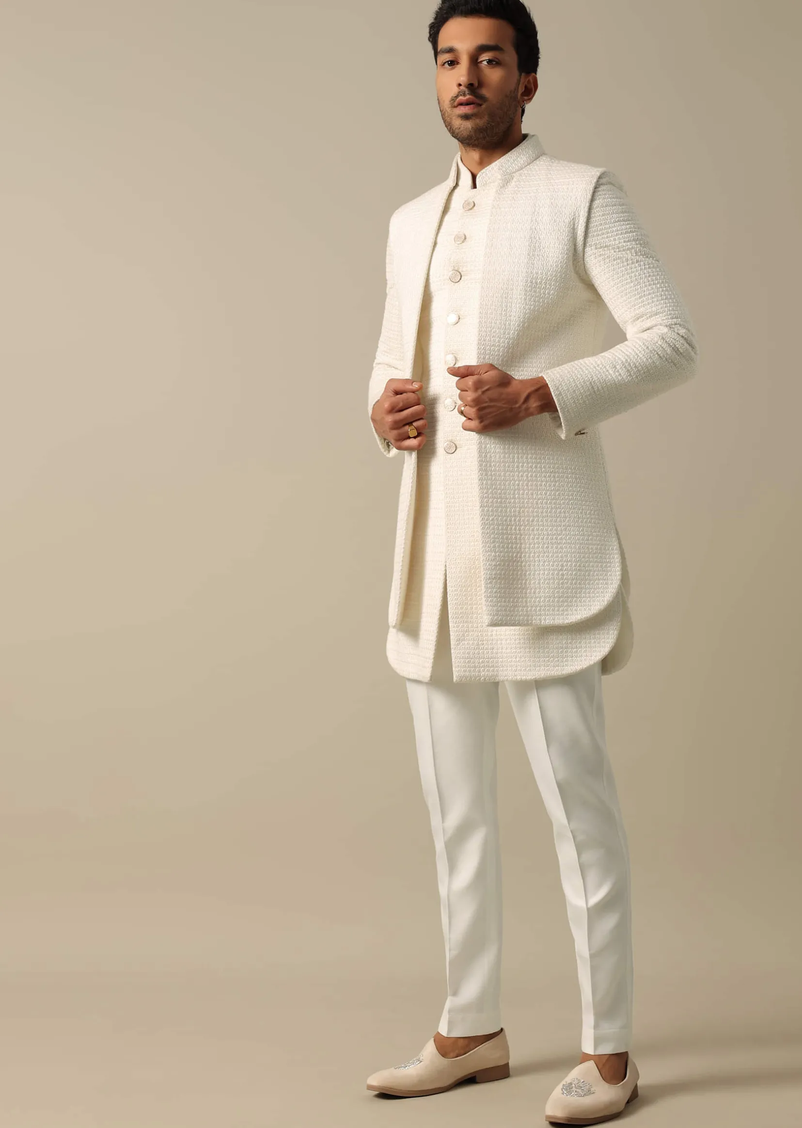 Classic White Textured Indowestern Set