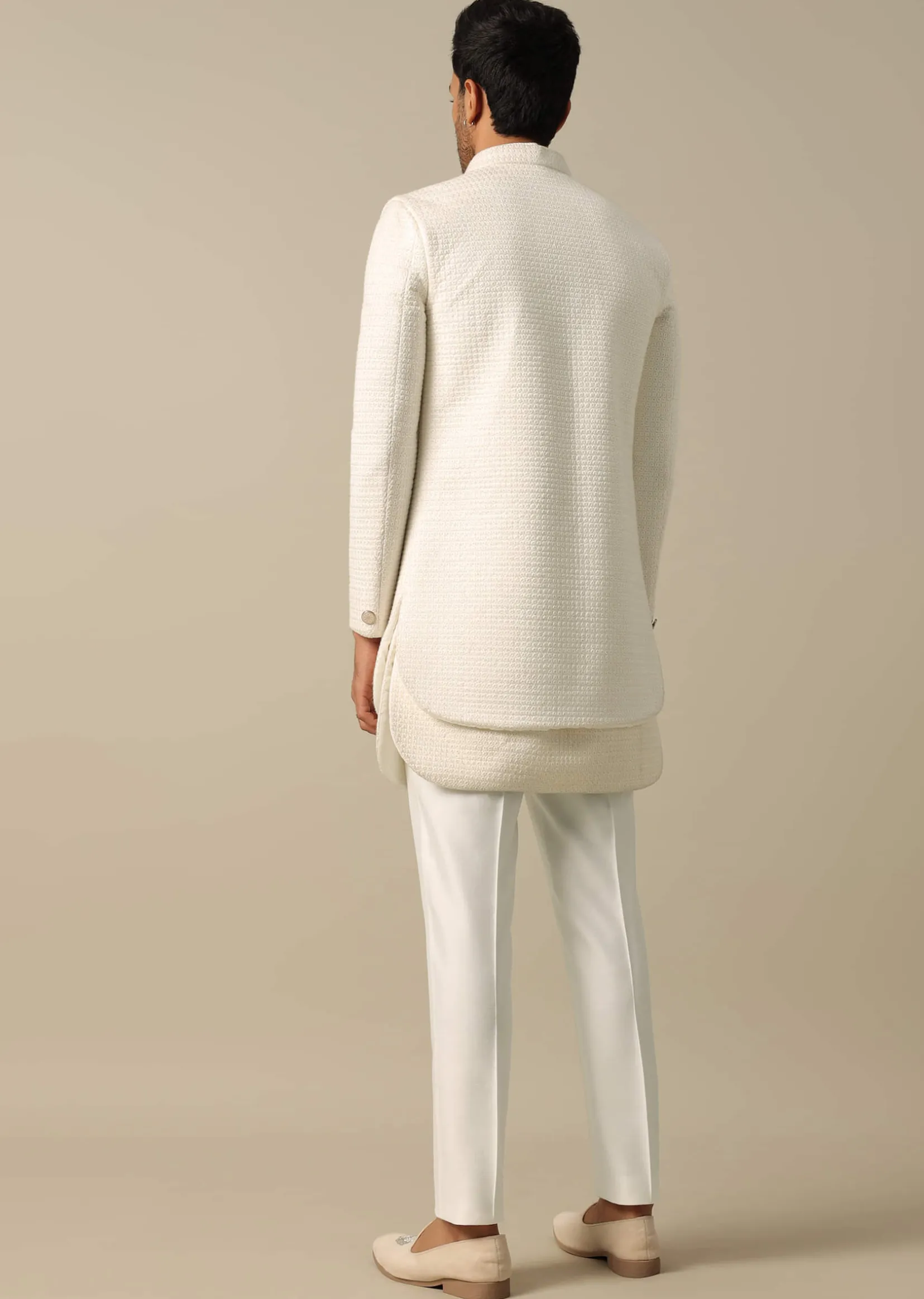 Classic White Textured Indowestern Set