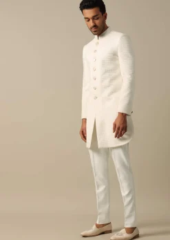 Classic White Textured Indowestern Set