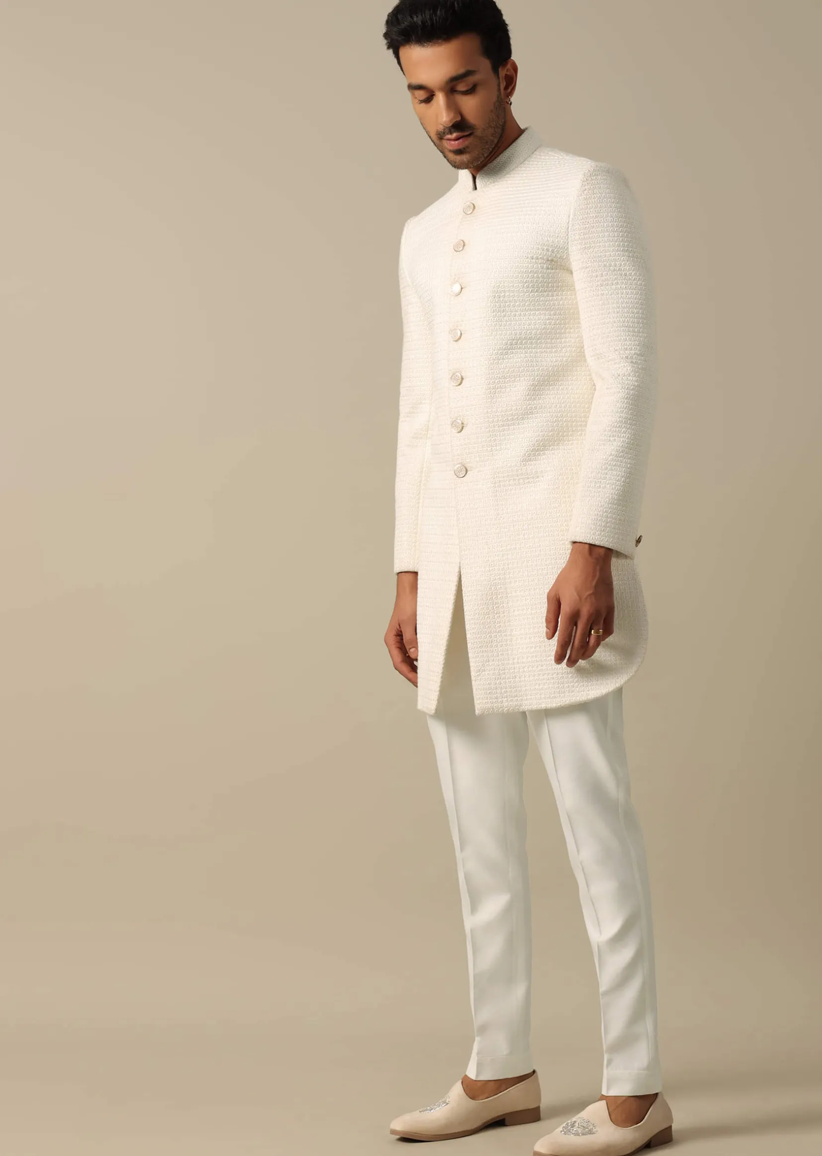 Classic White Textured Indowestern Set