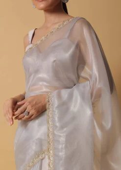 Cloud Grey Foil Saree In Tissue With Cut Dana Embroidered Borders