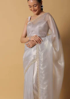 Cloud Grey Foil Saree In Tissue With Cut Dana Embroidered Borders